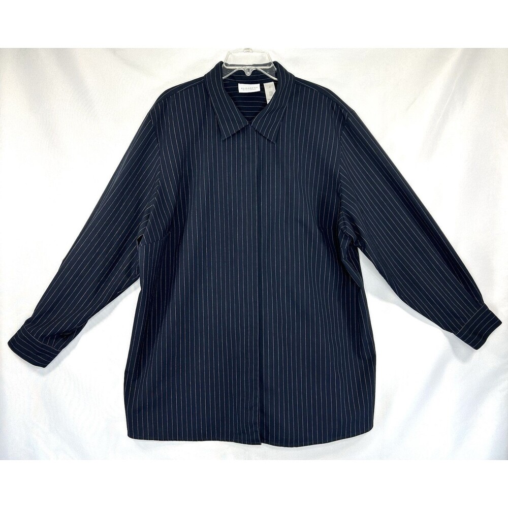 Elisabeth by Liz Claiborne Blouse Plus Sz 22 Black Striped Long Sleeve Full Zip